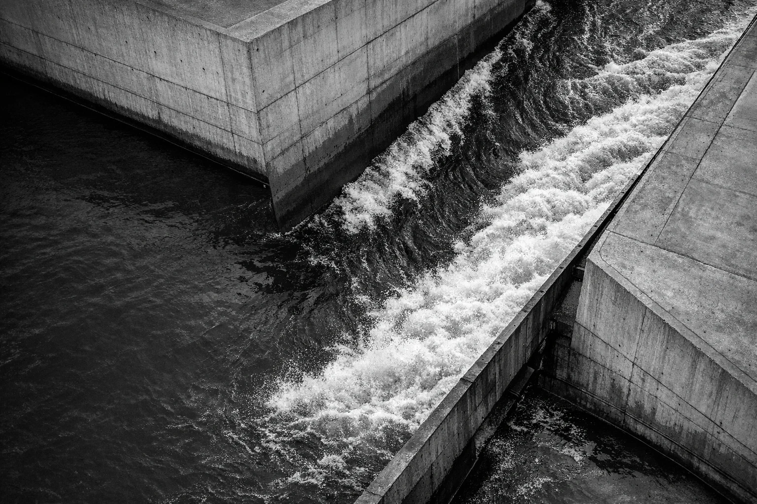 Aerial black-and-white view of water routed through a concrete sluice.