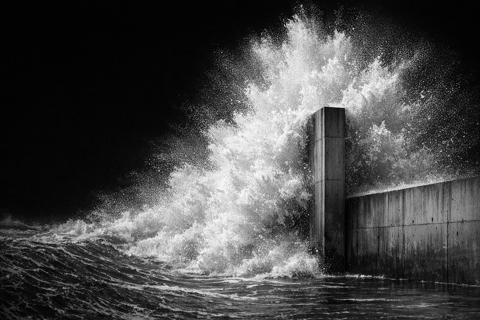 Black-and-white field study of water meeting a designed boundary.