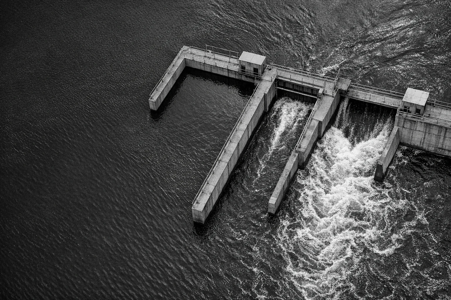 Aerial black-and-white view of one water-control structure dividing flow across three channels