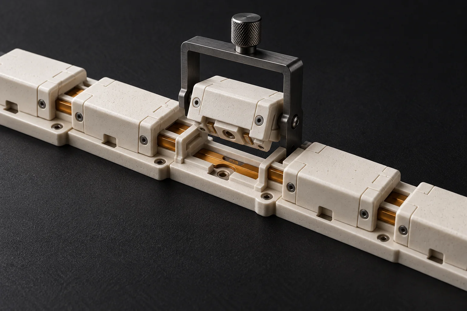 An ivory model of a connected system, with one part lifted into an inspection frame while its neighbors remain in place.